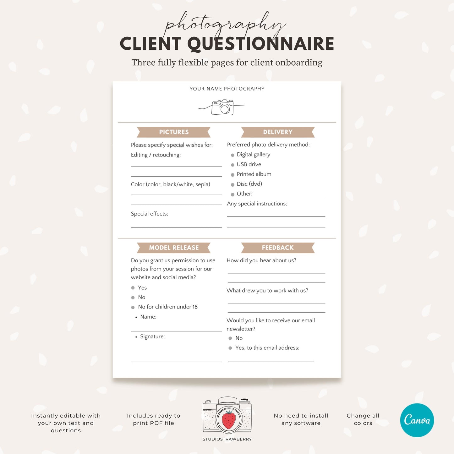 Printable booking form for wedding and event photographers.