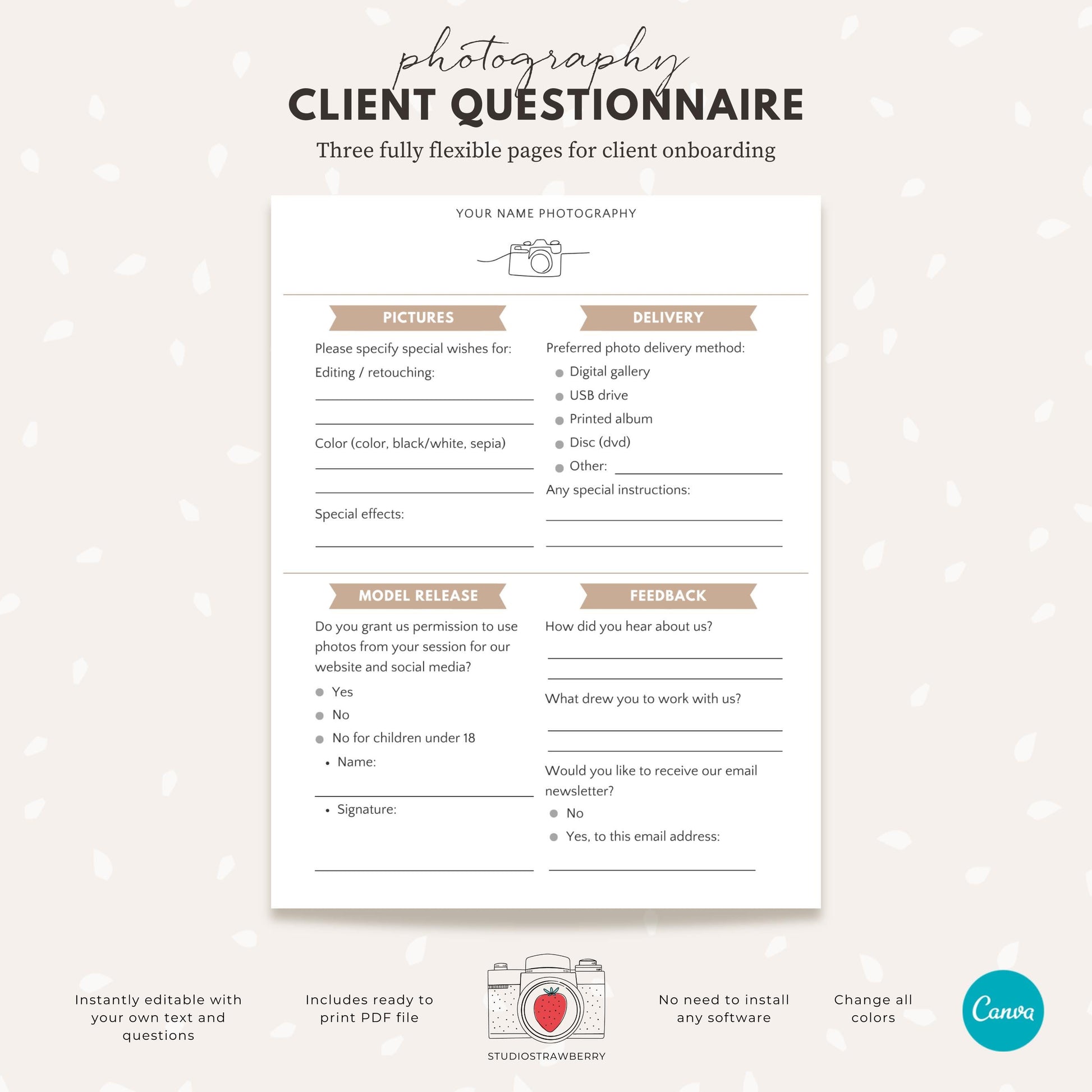 Printable booking form for wedding and event photographers.