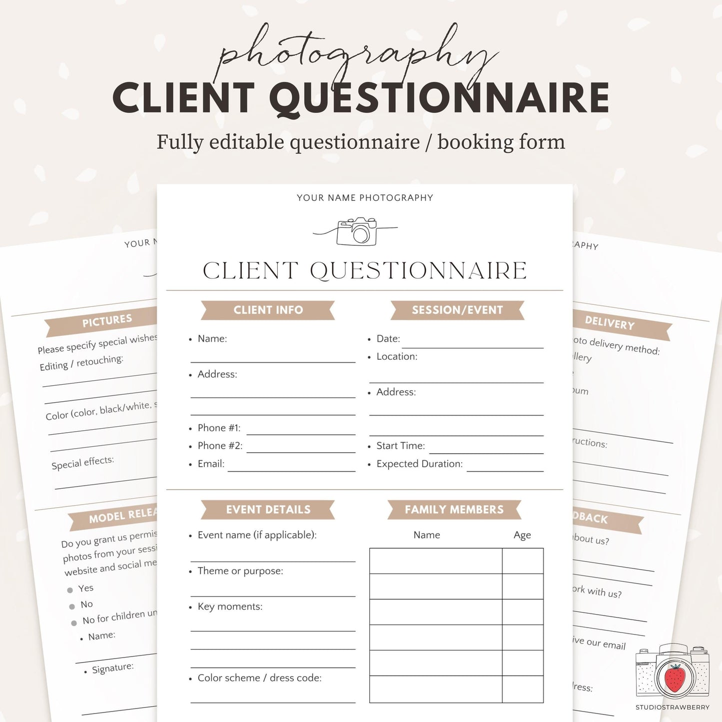 Editable photography client questionnaire template for photographers.