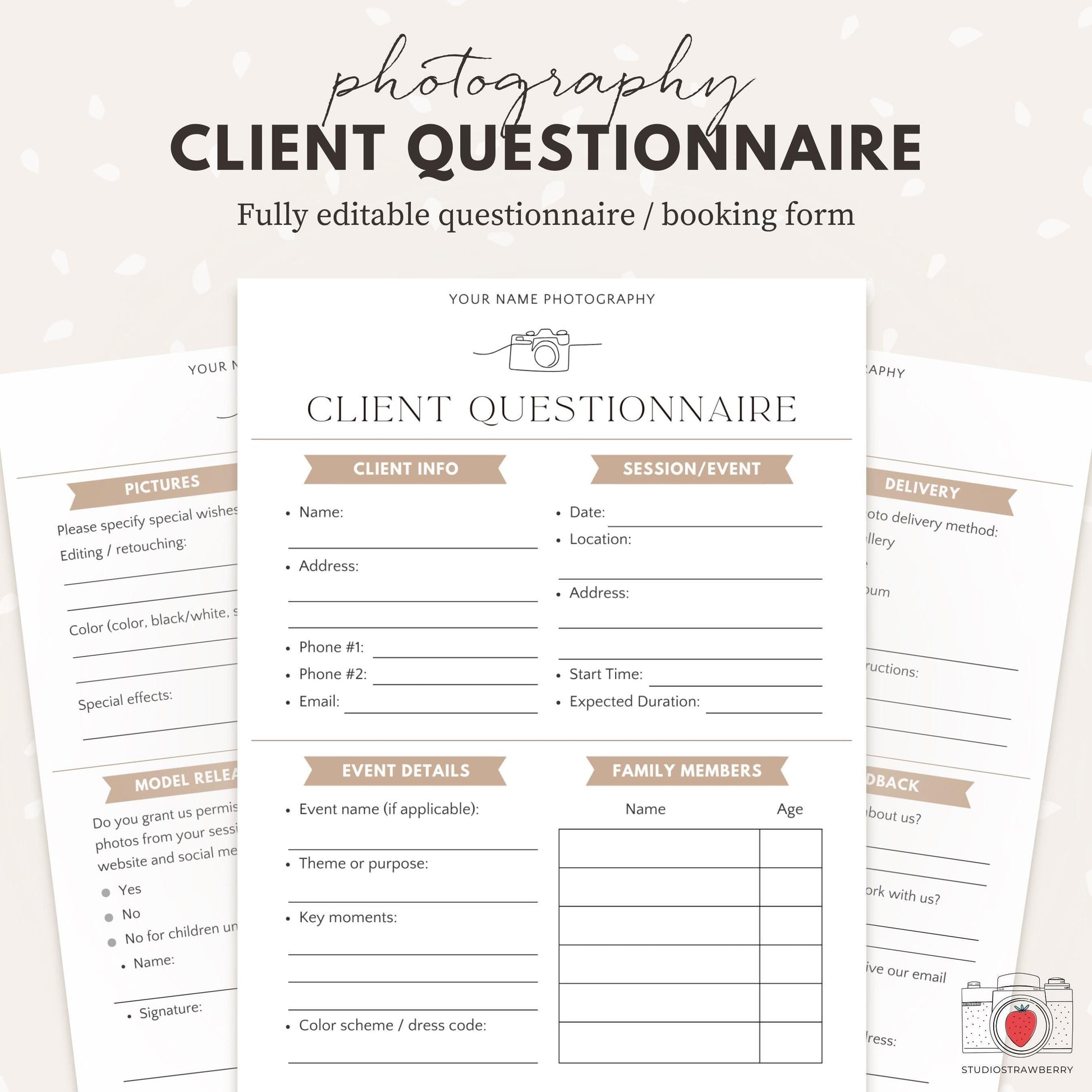 Editable photography client questionnaire template for photographers.