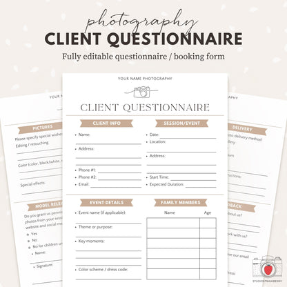 Editable photography client questionnaire template for photographers.