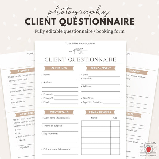 Editable photography client questionnaire template for photographers.