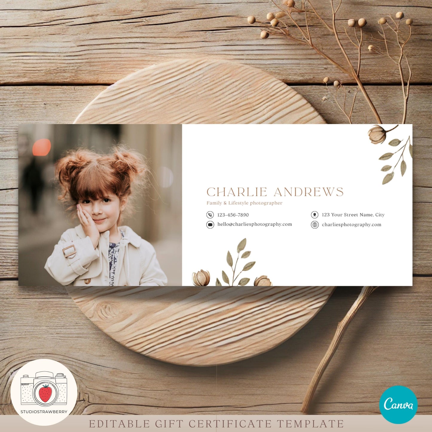 Editable Photography Gift Certificate Template Canva | Printable Floral Camera Gift Voucher | Customizable Photography Gift Card