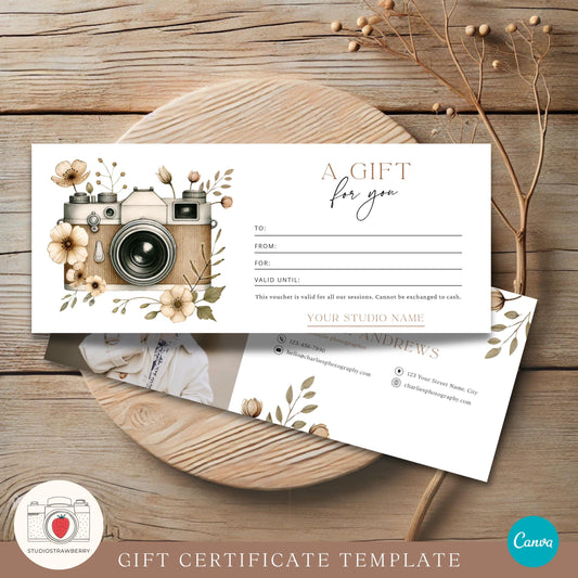 Editable Photography Gift Certificate Template Canva | Printable Floral Camera Gift Voucher | Customizable Photography Gift Card
