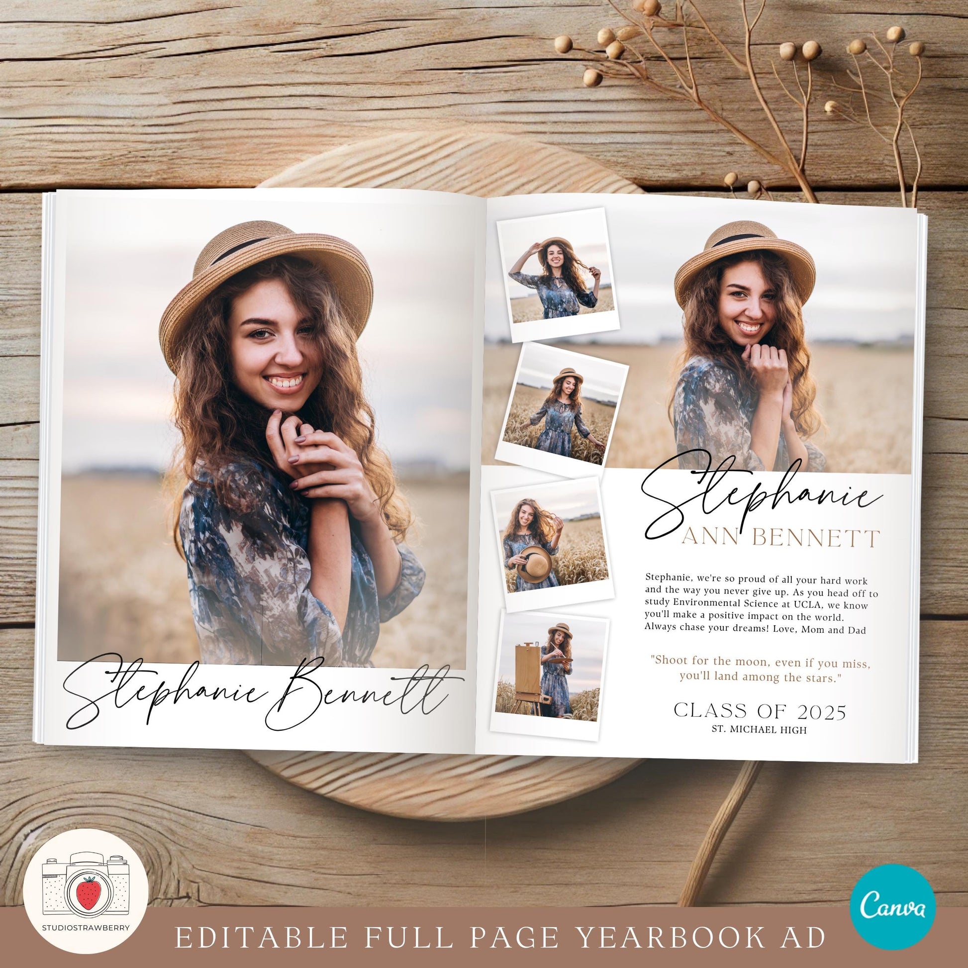 Canva yearbook memory ad template featuring personalized text and photo layout.