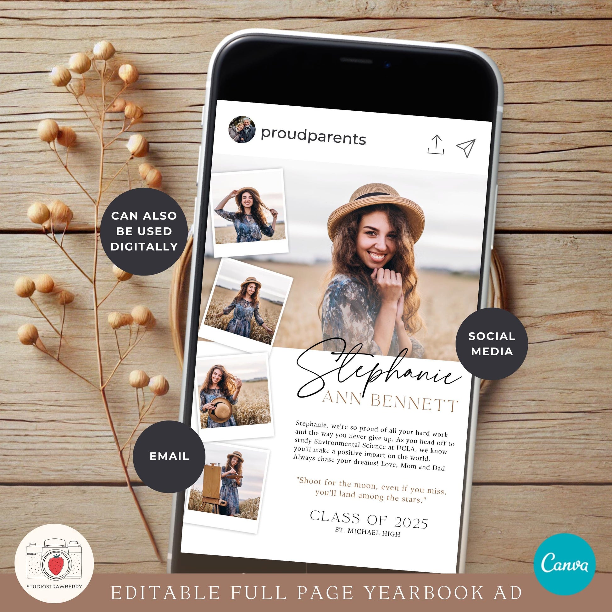 Editable Canva design for senior yearbook memory pages with personalized dedication.