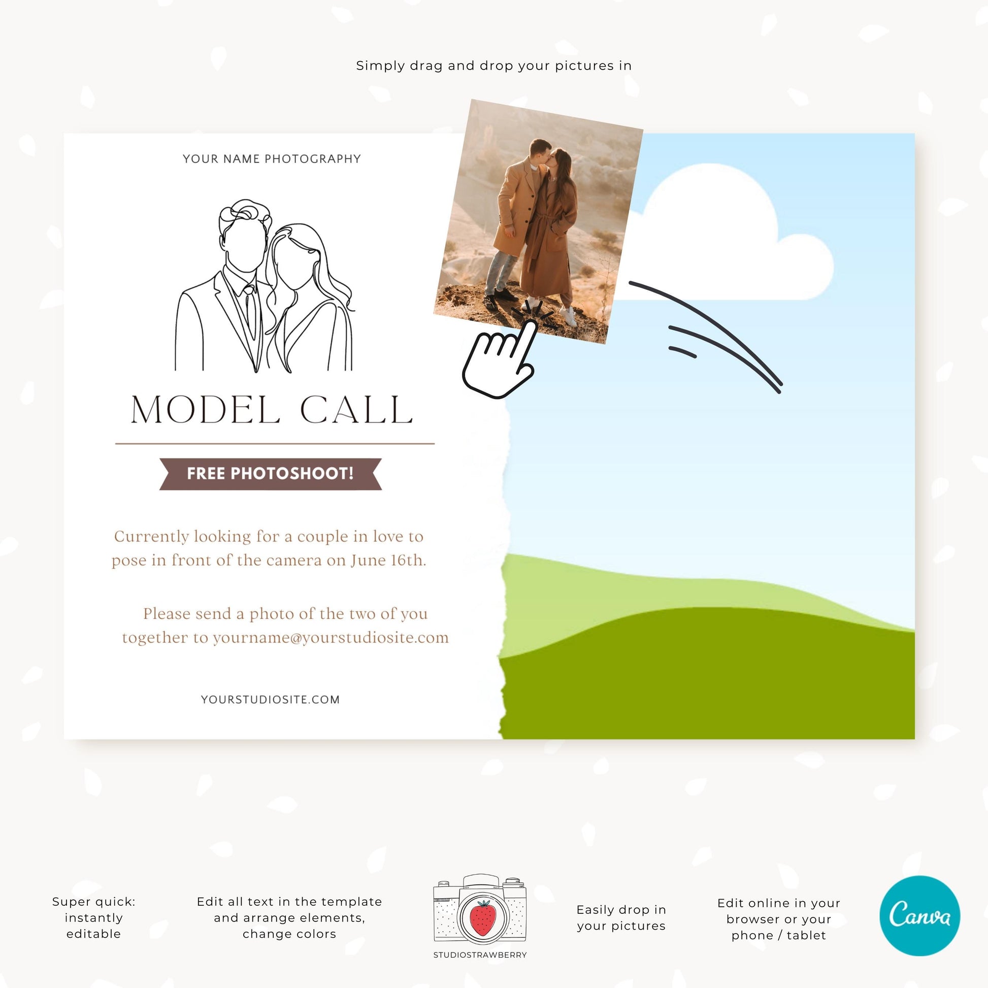 Editable Canva model call announcement for photographers.
