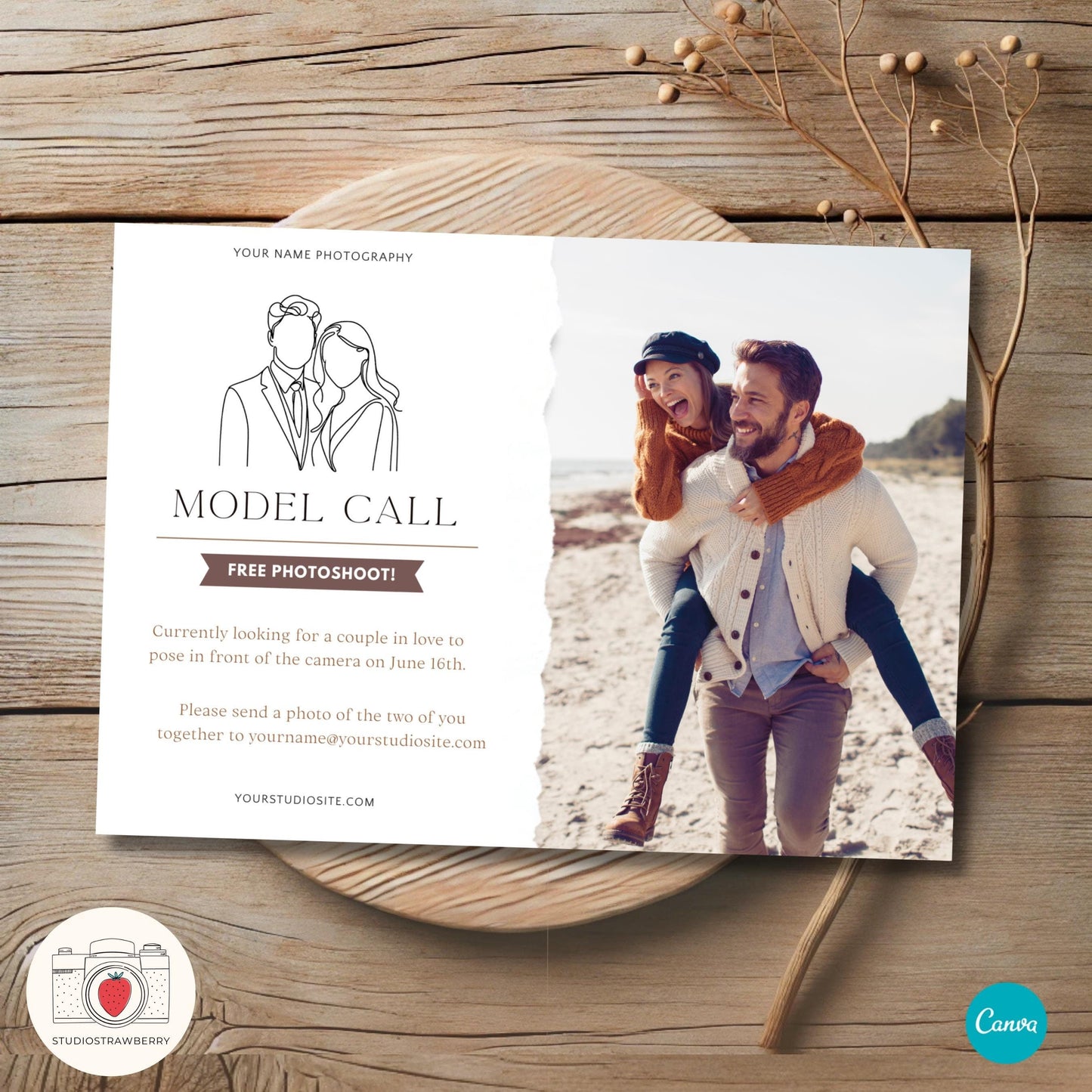 Couples model call Canva template for photographers.
