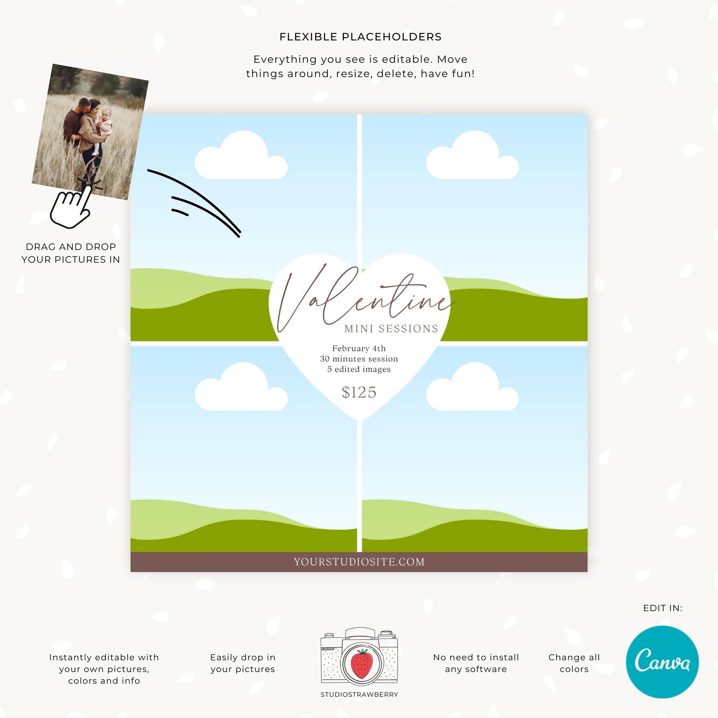 Canva photo collage template with Valentine theme, perfect for photographers’ social media and promotional use.