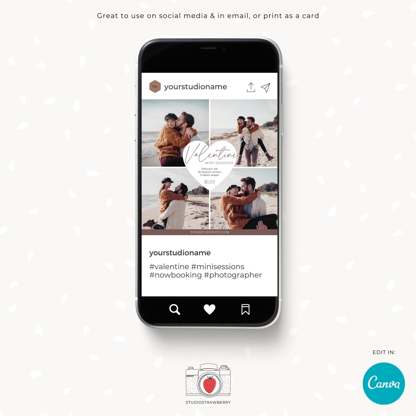 Marketing template for Valentine&#39;s Day photo sessions, designed in Canva with a professional and romantic style.