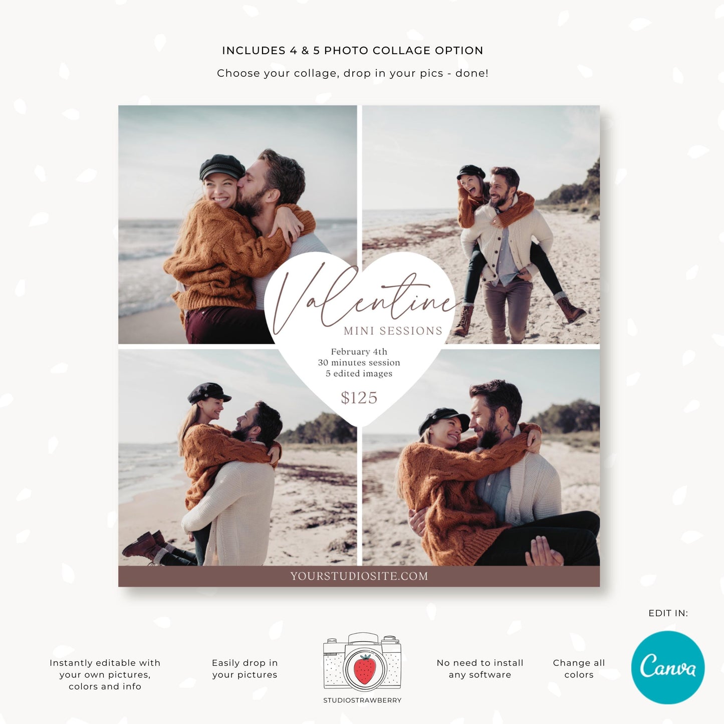 Valentine mini session marketing card with a customizable design in Canva, ideal for promoting photography sessions on social media.