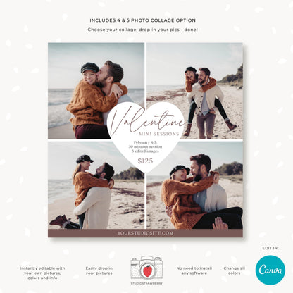 Valentine mini session marketing card with a customizable design in Canva, ideal for promoting photography sessions on social media.