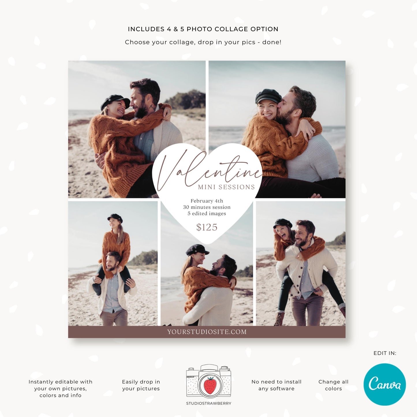 Flexible Canva Valentine’s Day template showing drag-and-drop photo placeholders for mini session marketing.