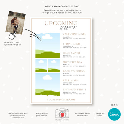 Upcoming Photography Sessions Flyer Template | Editable Canva Schedule and Announcement Template | Marketing Calendar
