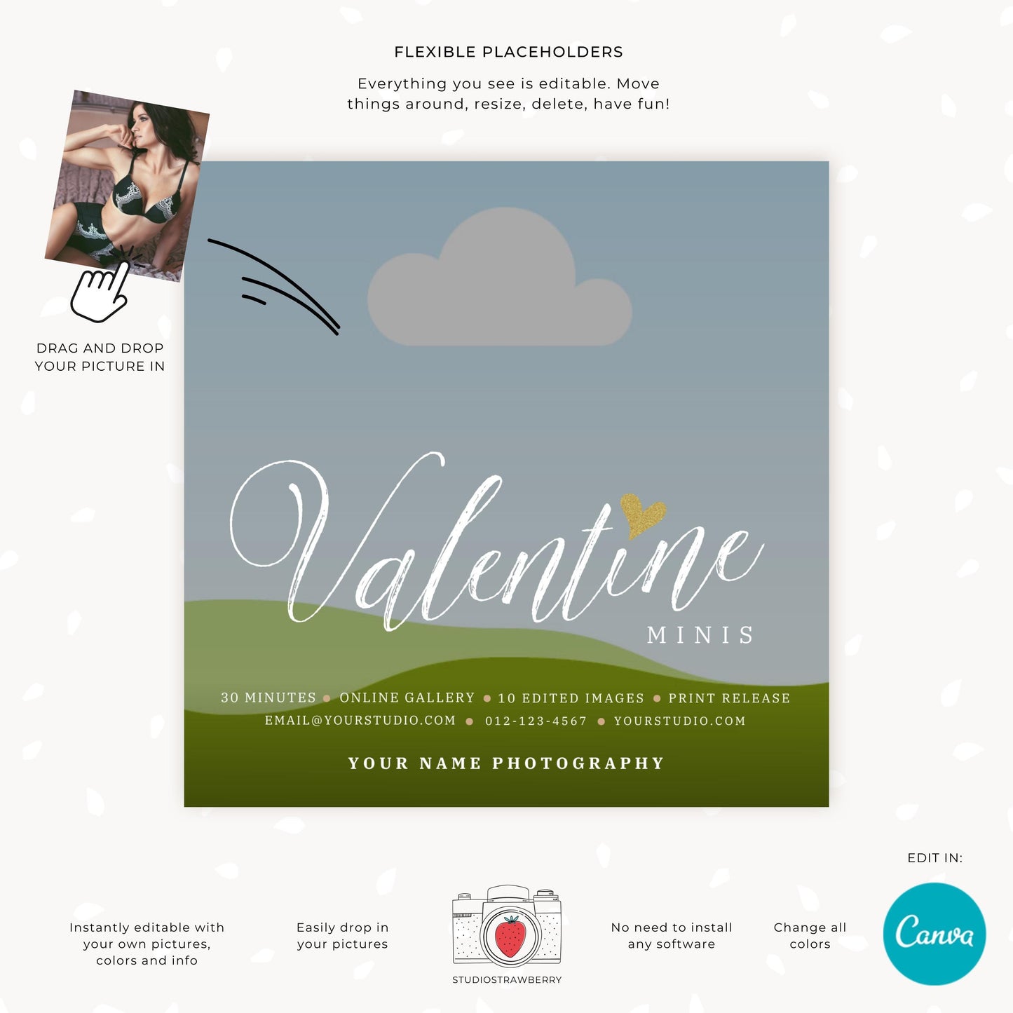 Valentine mini session editable marketing card for photographers to customize in Canva.