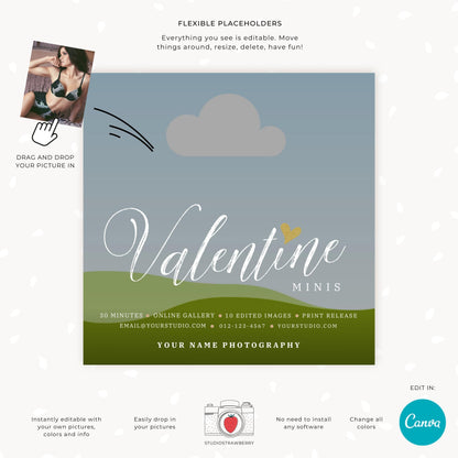 Valentine mini session editable marketing card for photographers to customize in Canva.
