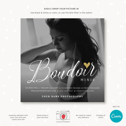 Social media marketing design for boudoir mini sessions using Canva template.