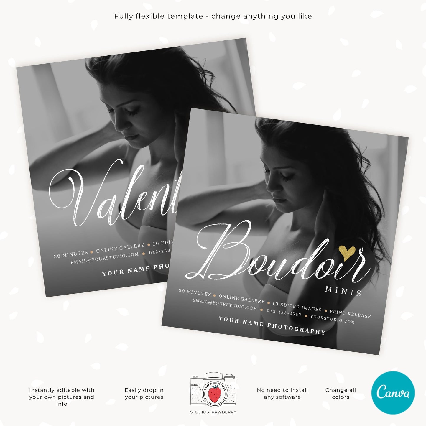 Boudoir minis Canva template with placeholder photo and editable text for promotions.
