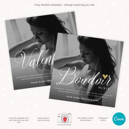 Boudoir minis Canva template with placeholder photo and editable text for promotions.