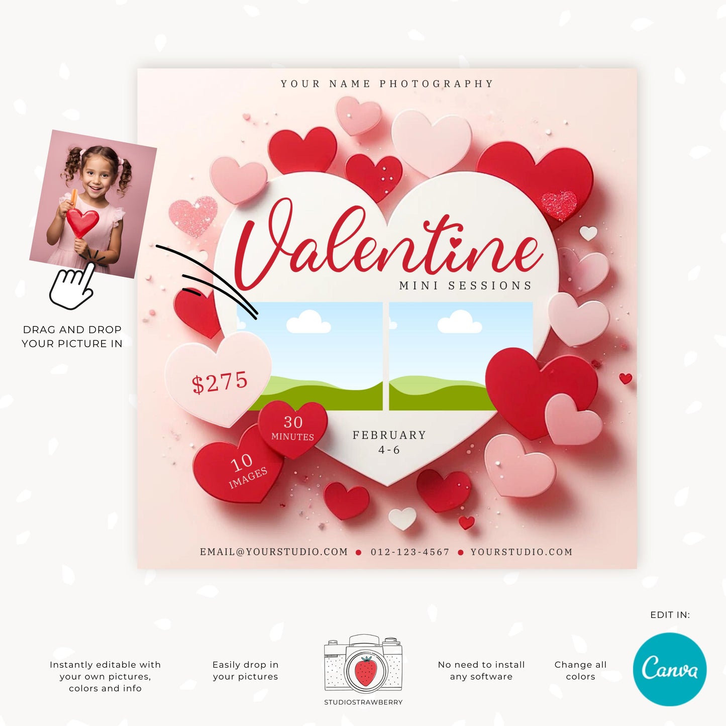 Photography marketing template for Valentine&#39;s Day sessions with heart-themed design.