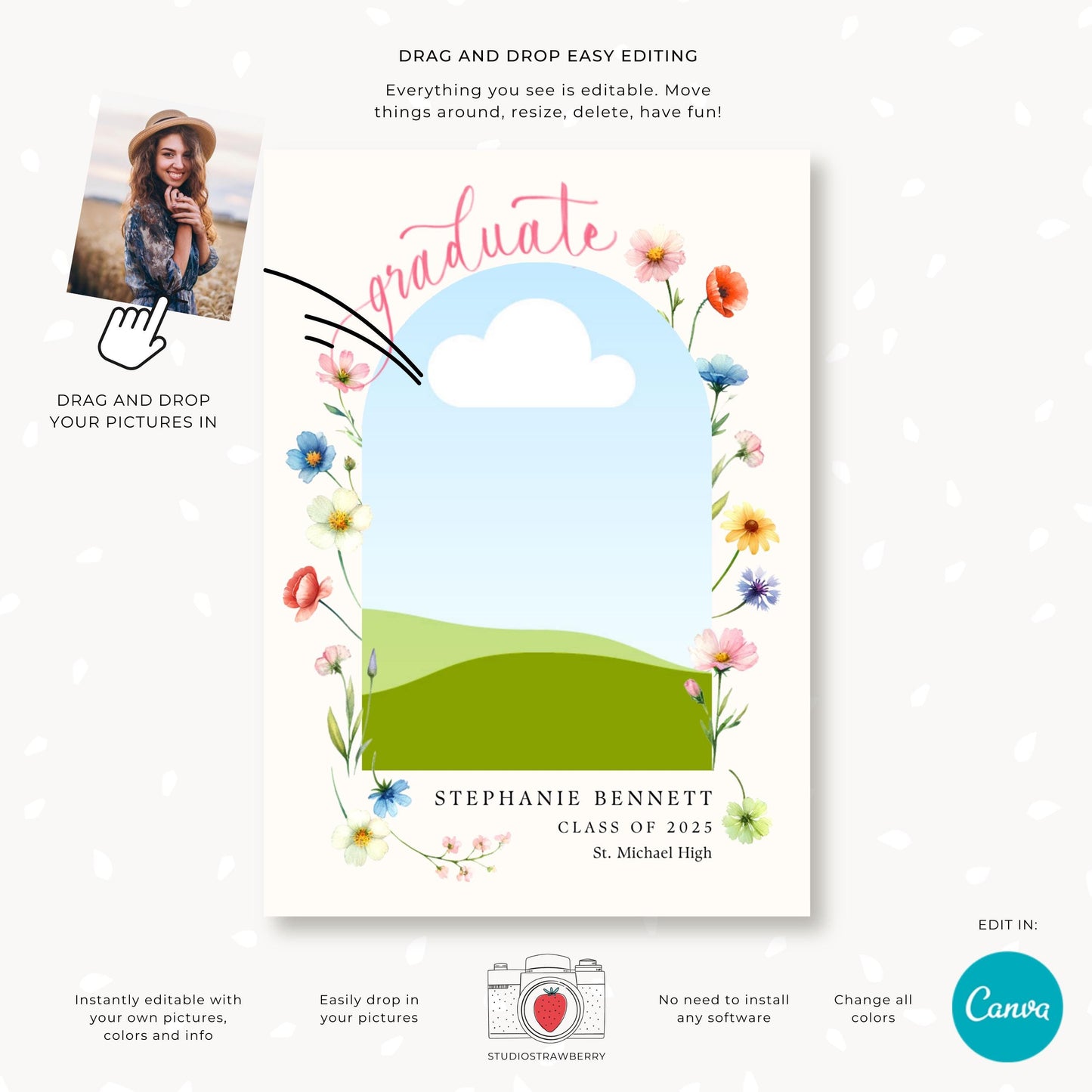 Graduation party invitation with floral details, customizable in Canva for printing or digital use.