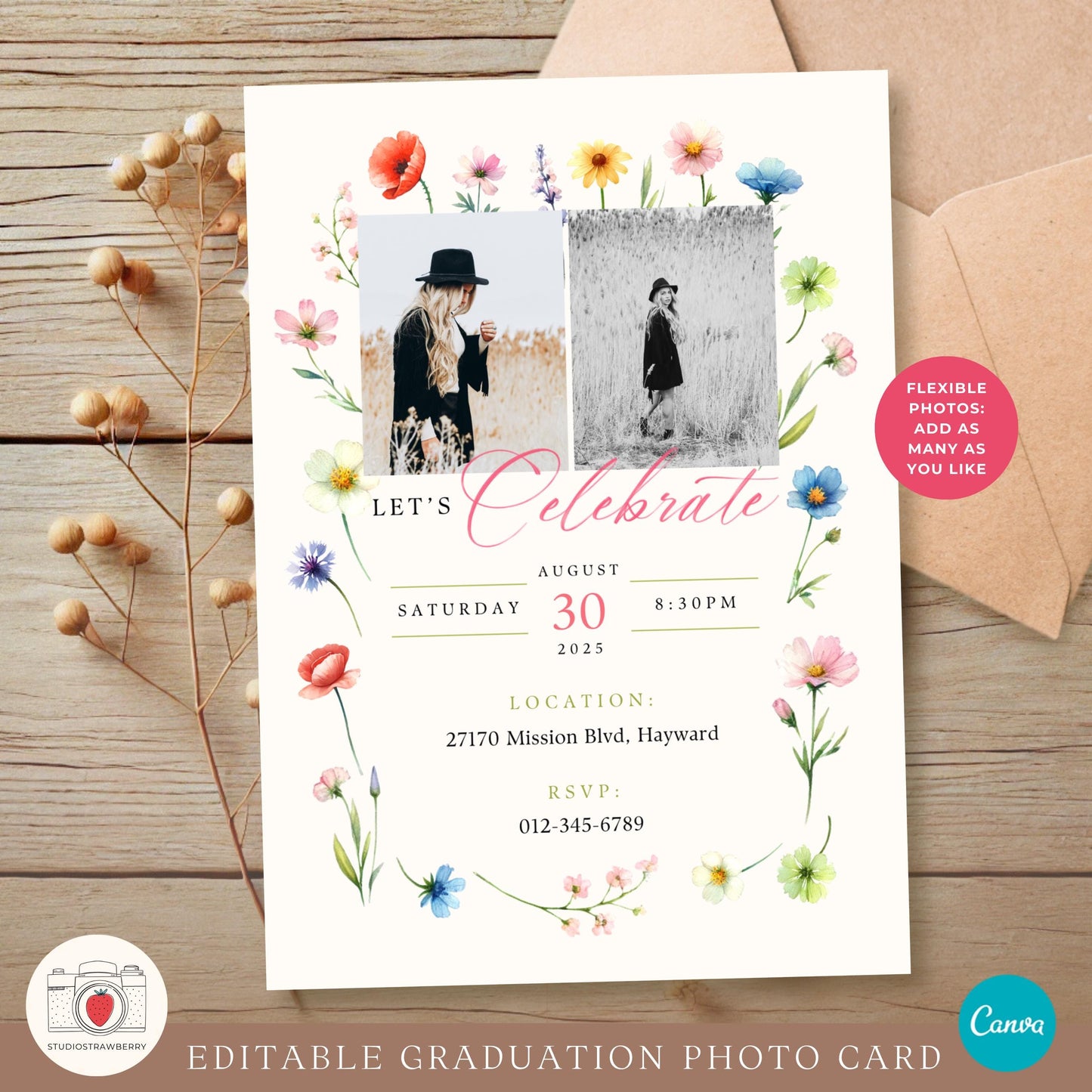 Graduation announcement and invitation template featuring floral decorations, ideal for the Class of 2025.