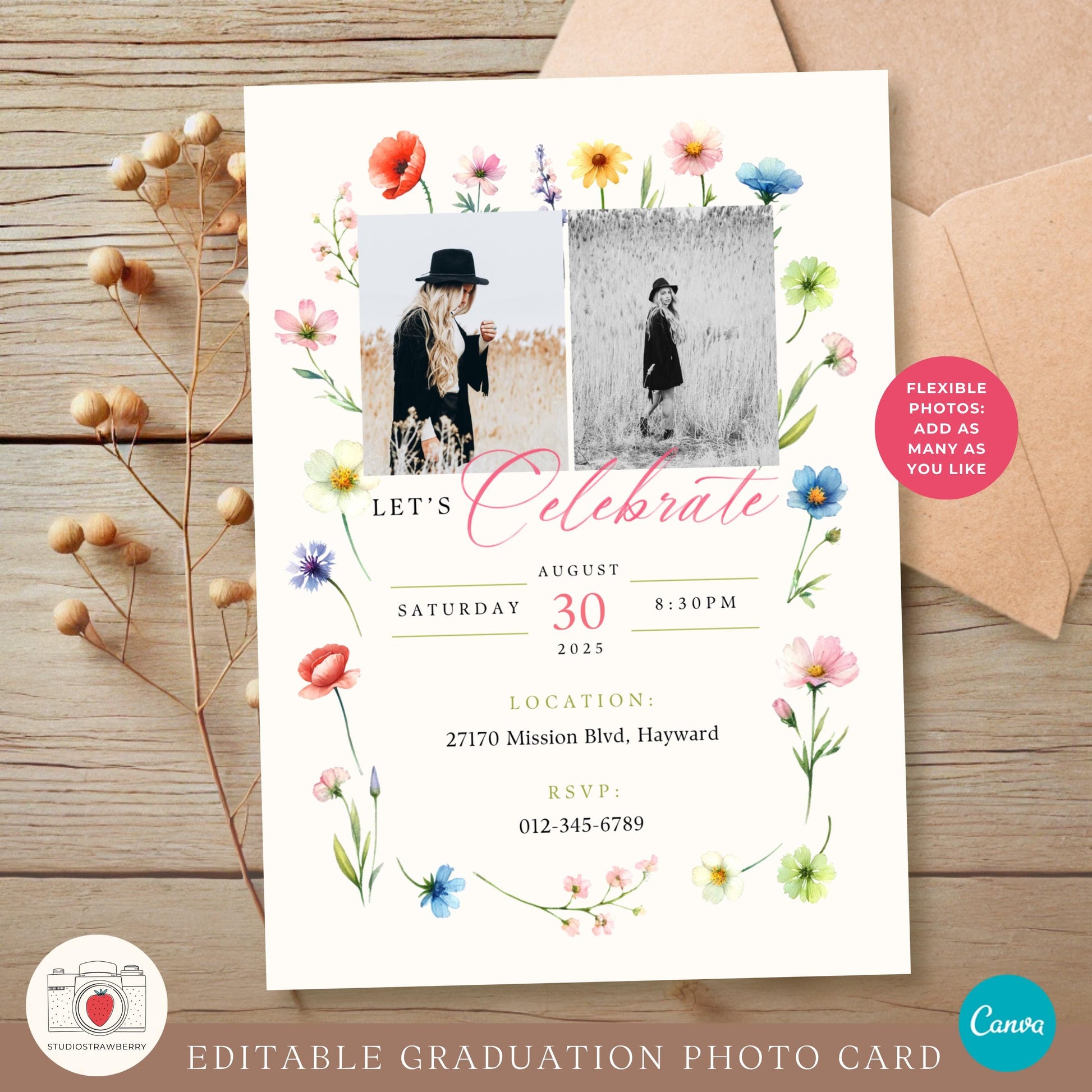 Graduation announcement and invitation template featuring floral decorations, ideal for the Class of 2025.