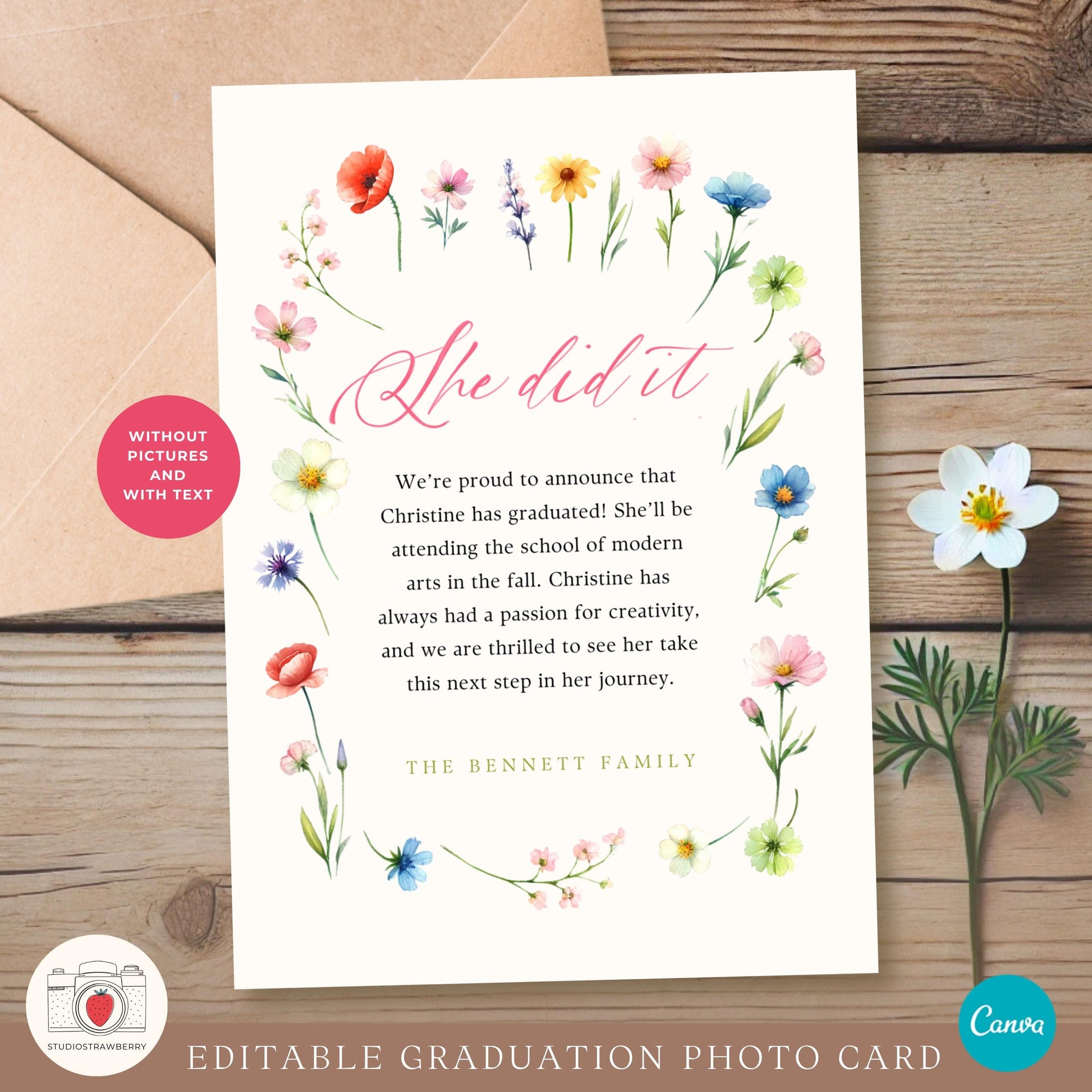 Printable wildflower graduation photo card with editable layout for Canva users.