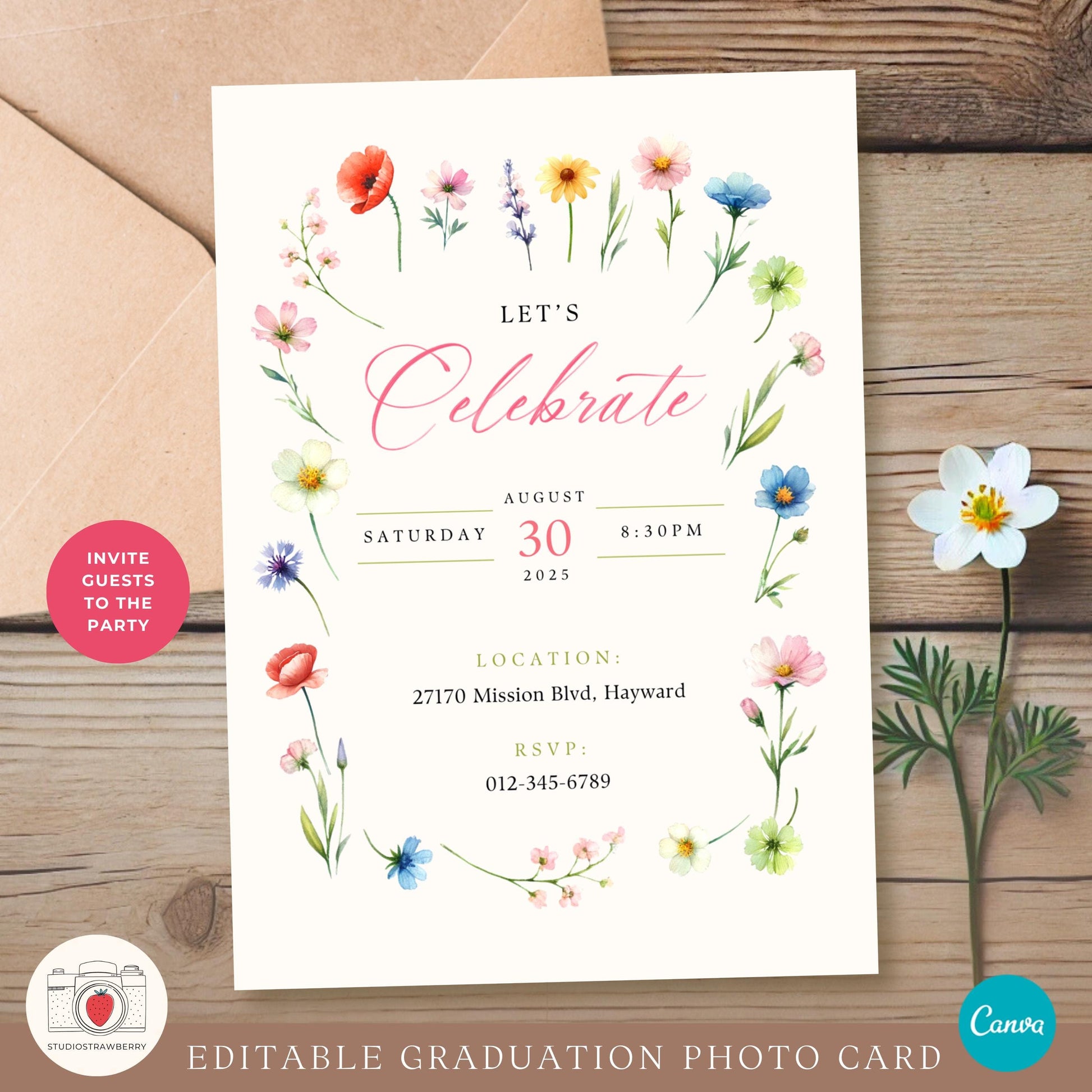 Social media preview of a digital graduation card template with wildflower border and editable text.
