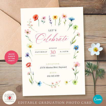 Social media preview of a digital graduation card template with wildflower border and editable text.