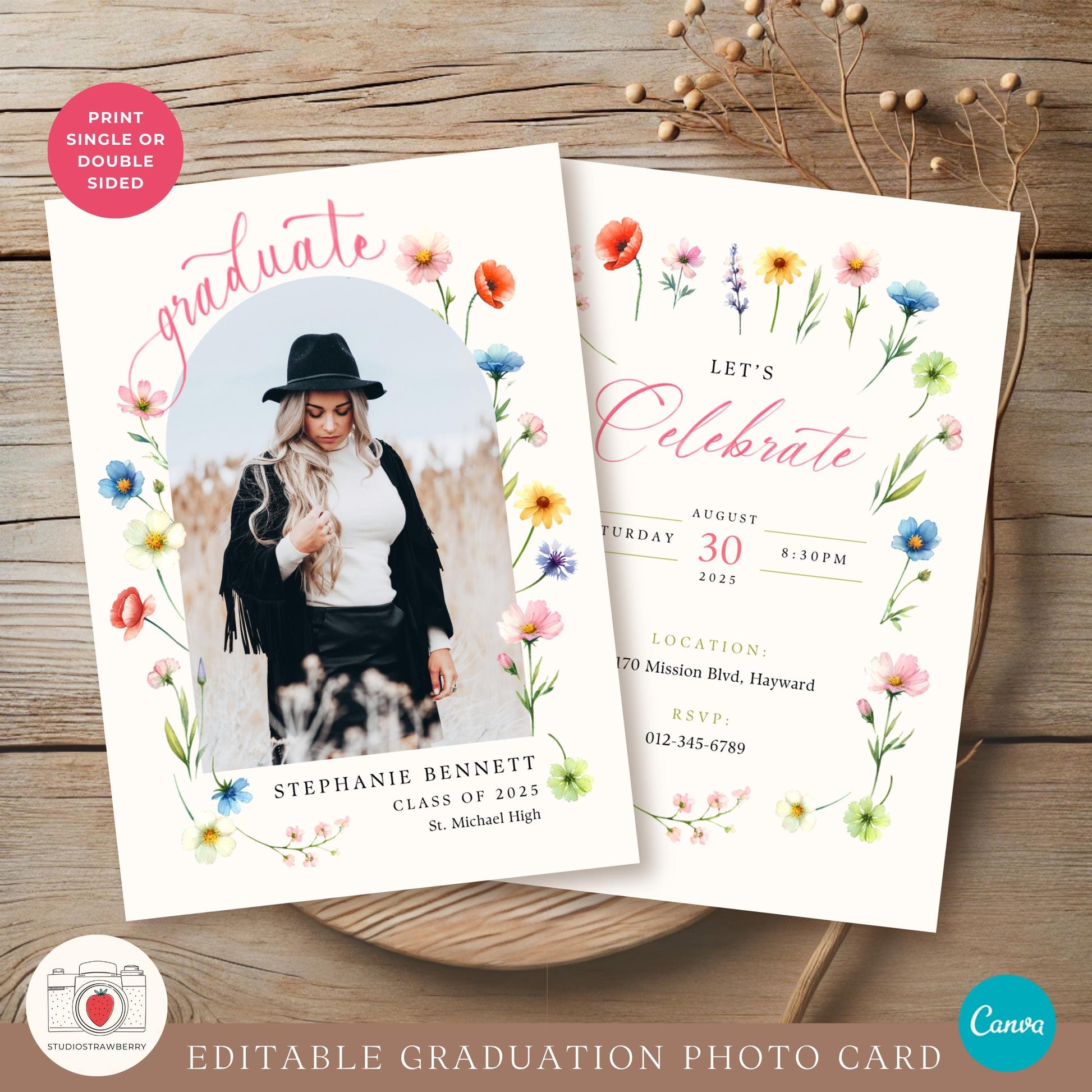 Customizable graduation card design featuring a &quot;She Did It&quot; announcement with a floral theme.