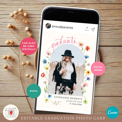 Class of 2025 editable graduation card with photo placeholders and wildflower accents.