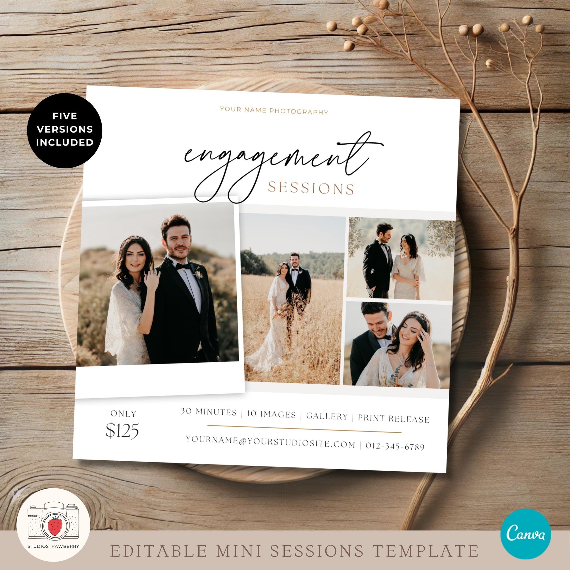 Engagement session marketing flyer showcasing professional template design.