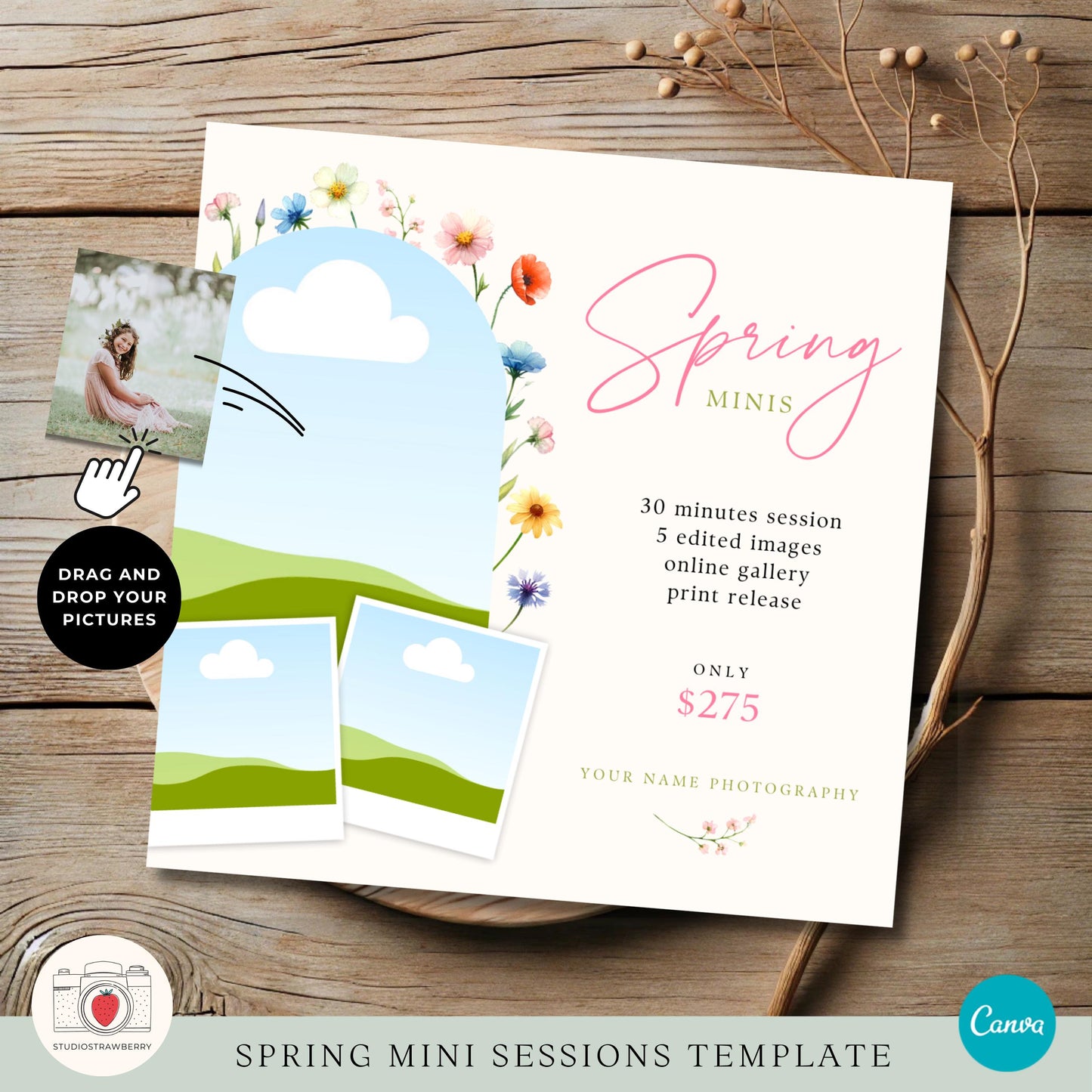Social media marketing template for photographers promoting spring mini sessions.