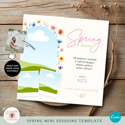 Social media marketing template for photographers promoting spring mini sessions.