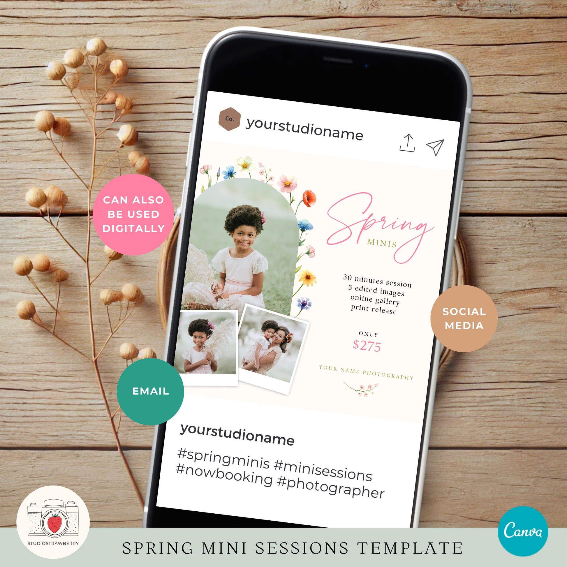 Editable spring mini sessions template with floral design for photographers, shown on a phone.