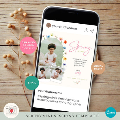 Editable spring mini sessions template with floral design for photographers, shown on a phone.