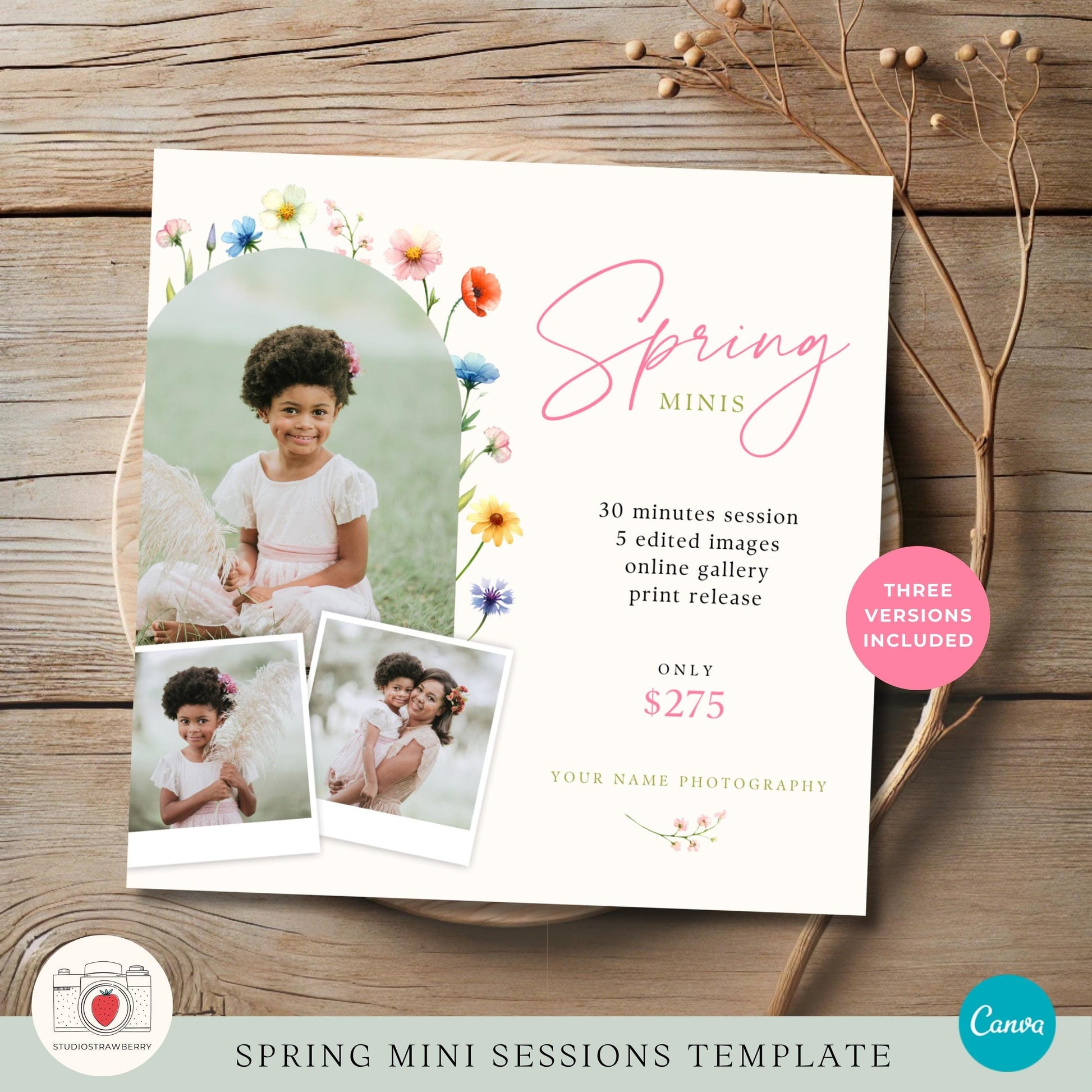 Marketing template for spring mini sessions, featuring customizable text and floral graphics.