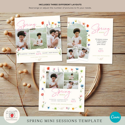 Floral-themed spring mini session marketing template with wildflowers.