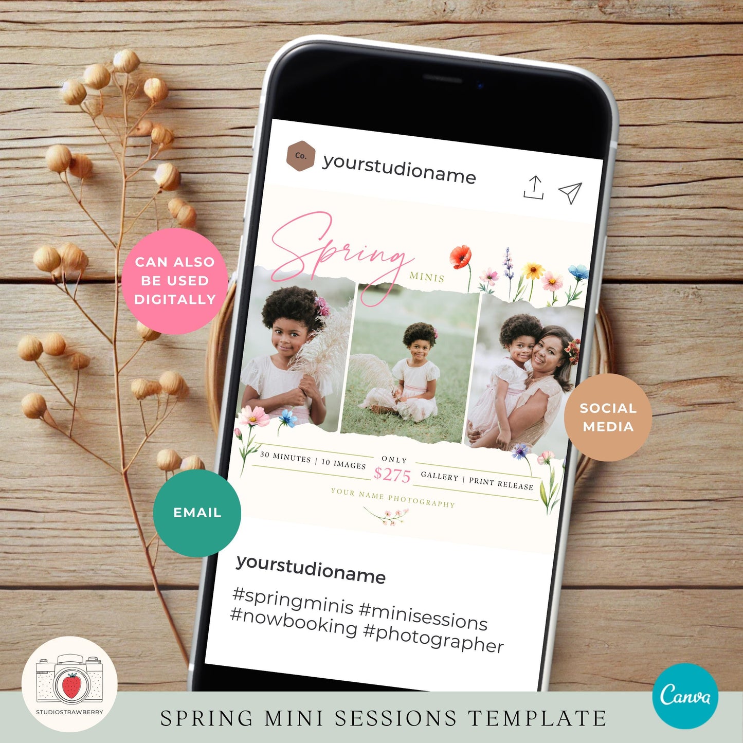 Social media template for spring mini session marketing with three images.