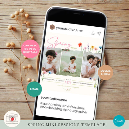Social media template for spring mini session marketing with three images.
