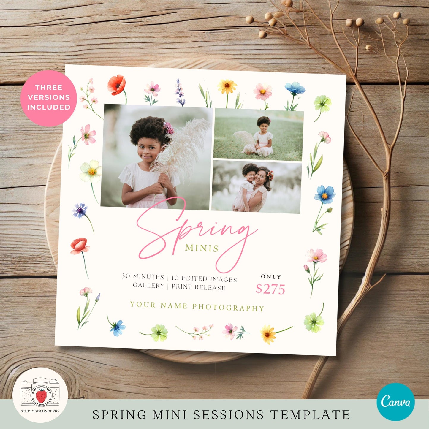 Printable spring mini session flyer template with wildflowers and three images.