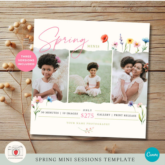 Editable Canva template for spring mini sessions with three-photo layout.