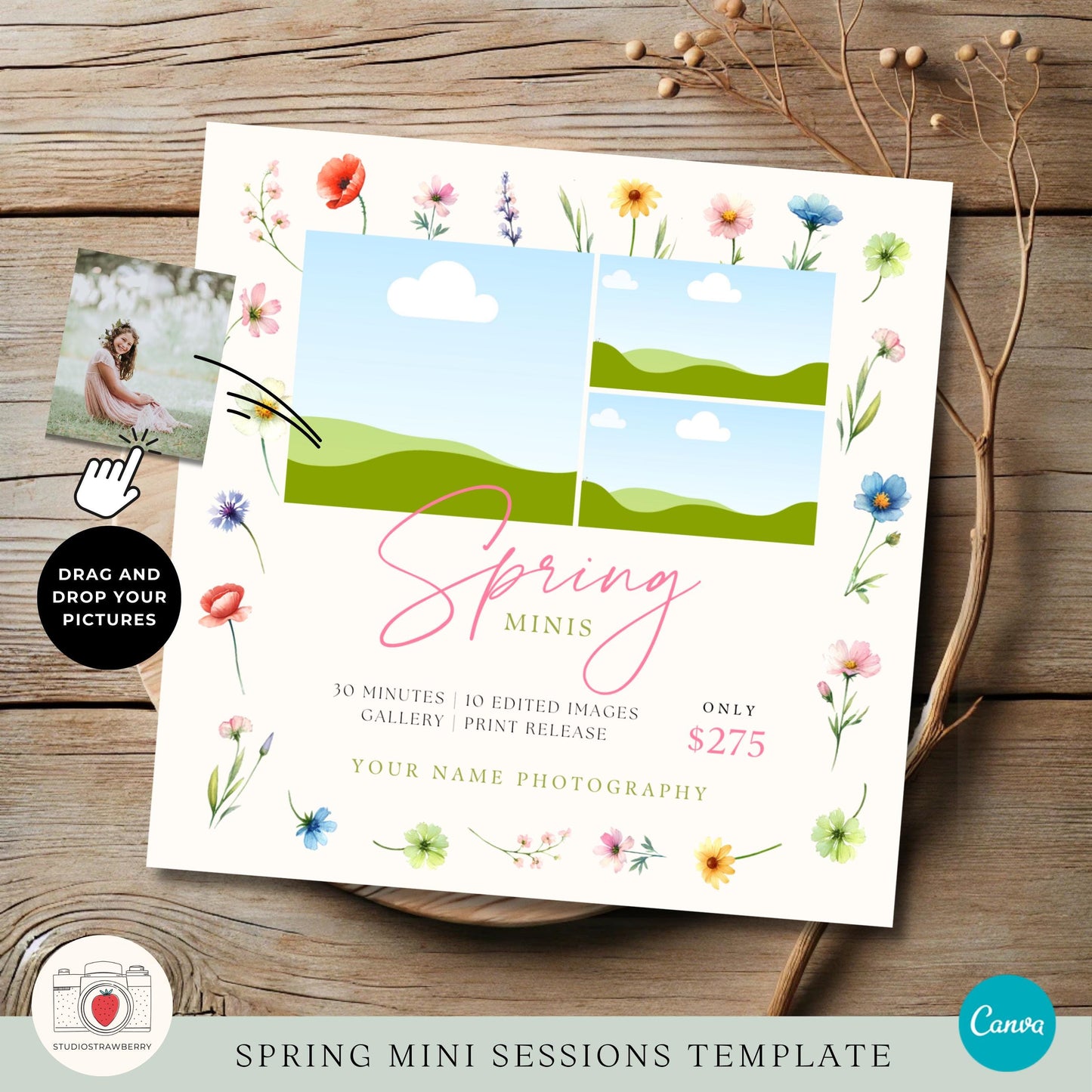 Photographer promo template with a flexible photo layout for spring mini sessions.
