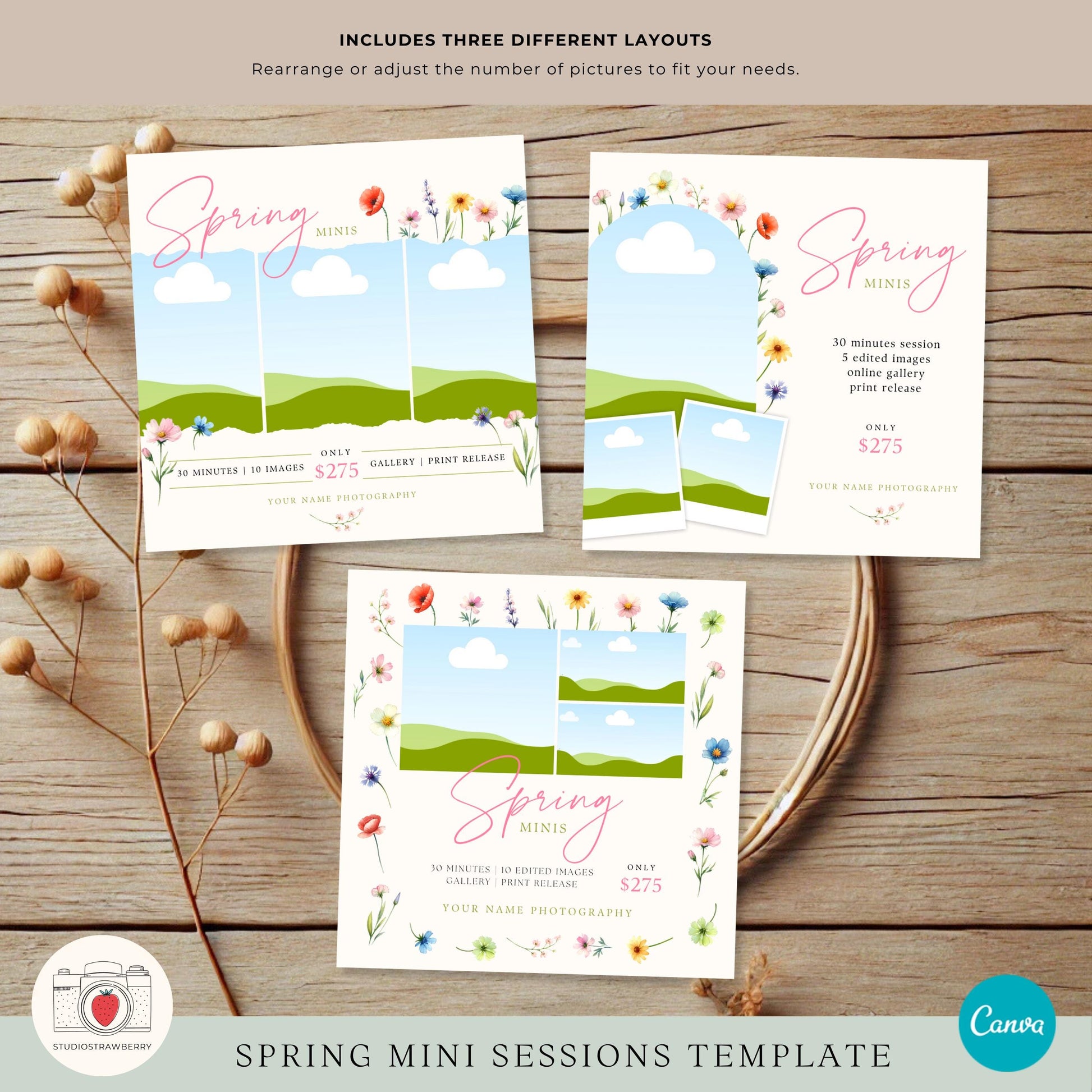 Customizable photography marketing template with adjustable photos for spring minis.