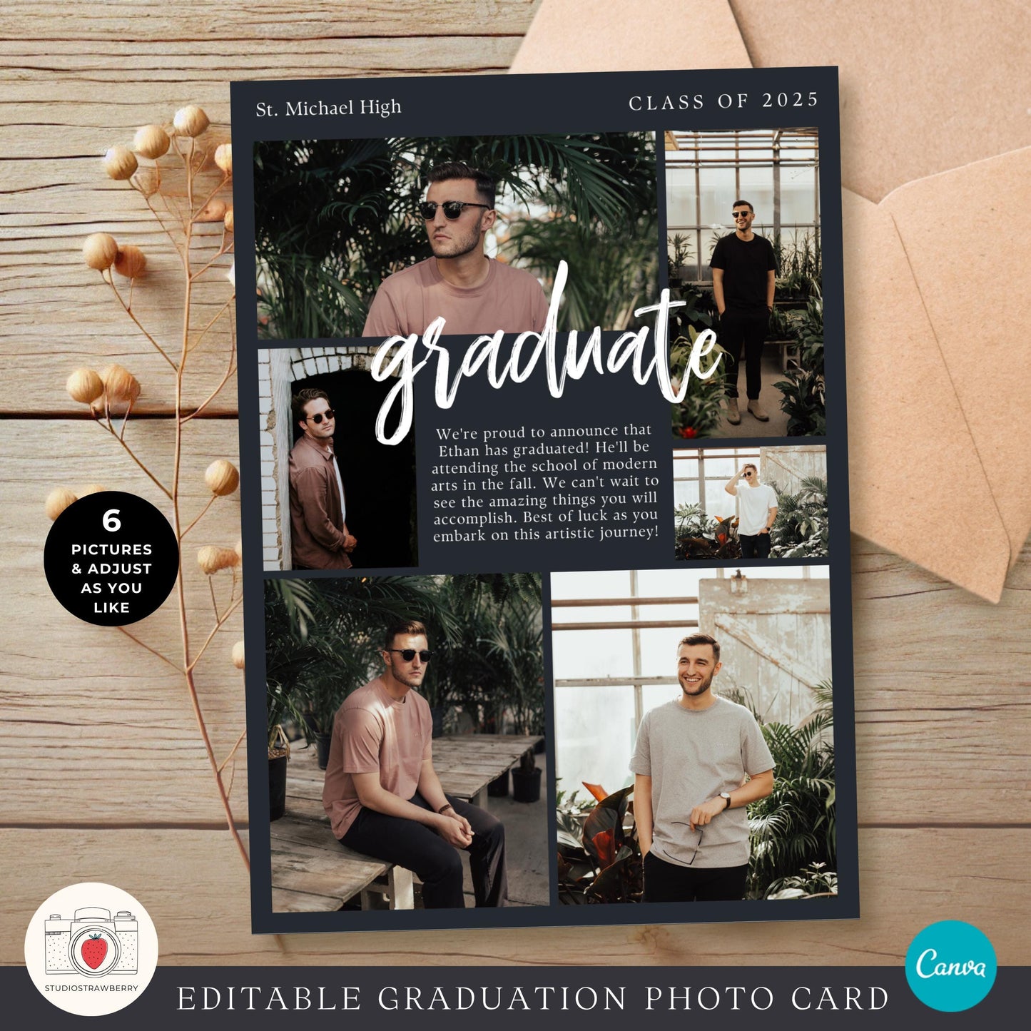 Personalized graduation announcement for male graduates with a customizable layout.