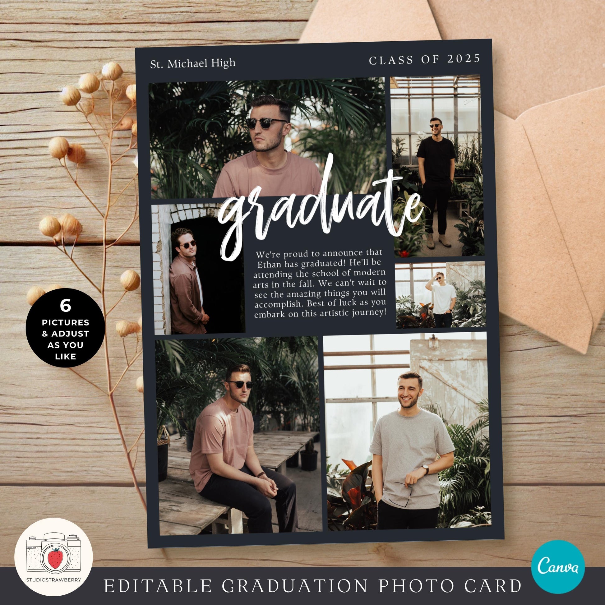 Personalized graduation announcement for male graduates with a customizable layout.
