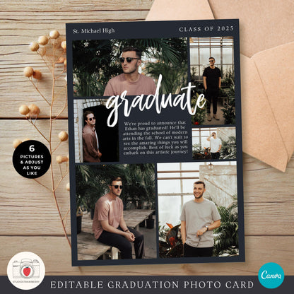 Personalized graduation announcement for male graduates with a customizable layout.