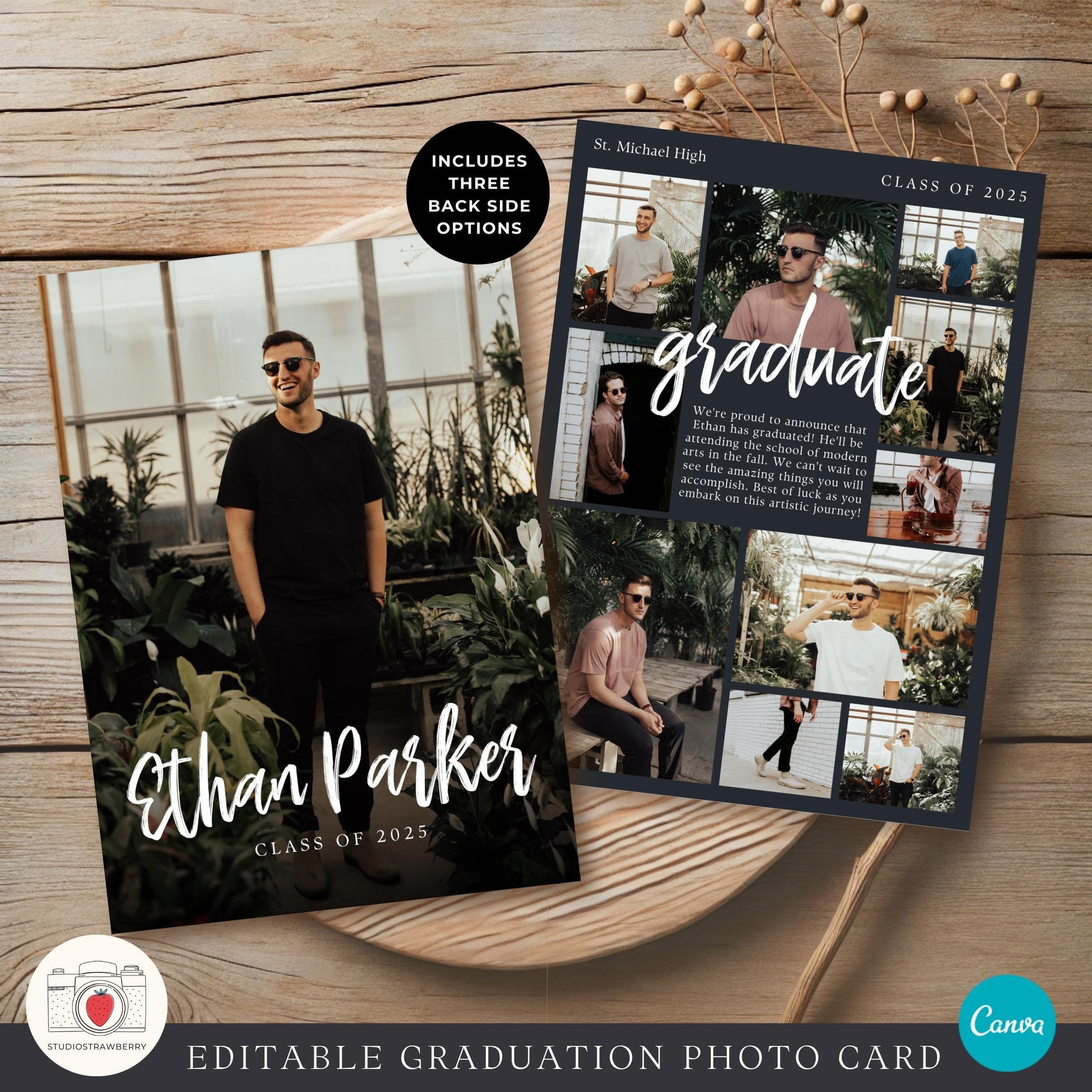 Editable guy graduation announcement template with a stylish photo collage.