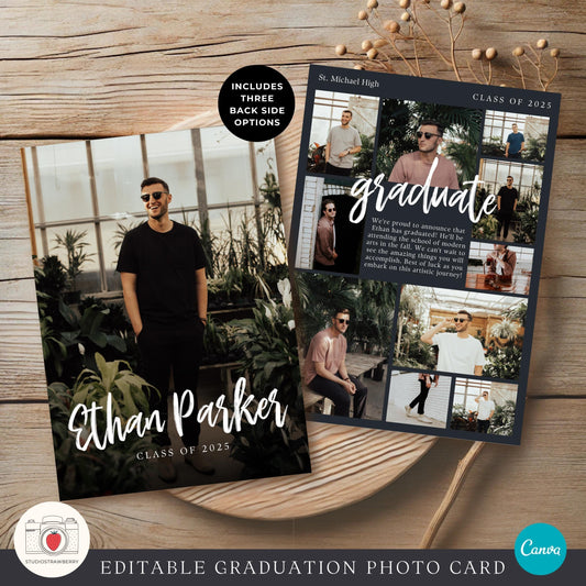 Editable guy graduation announcement template with a stylish photo collage.